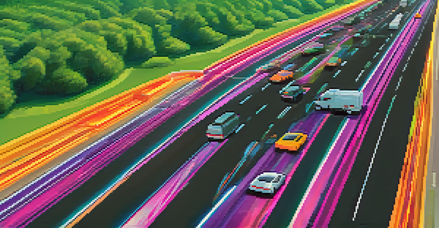 A dynamic visualization of shard chains in Ethereum 2.0, showing multiple vibrant lanes on a busy highway with vehicles moving smoothly.
