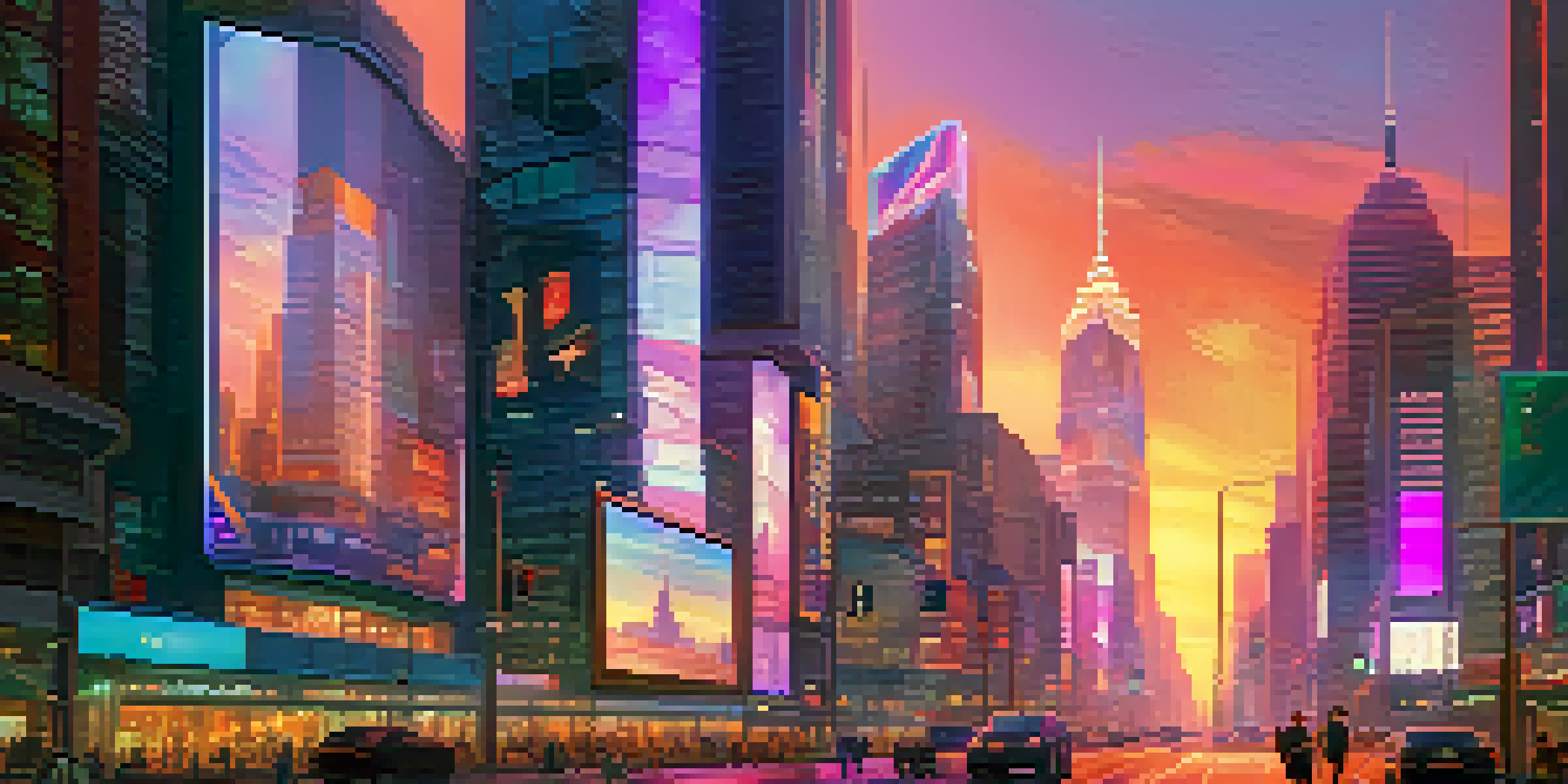 A colorful futuristic city at sunset with skyscrapers, neon lights, and people using digital interfaces.