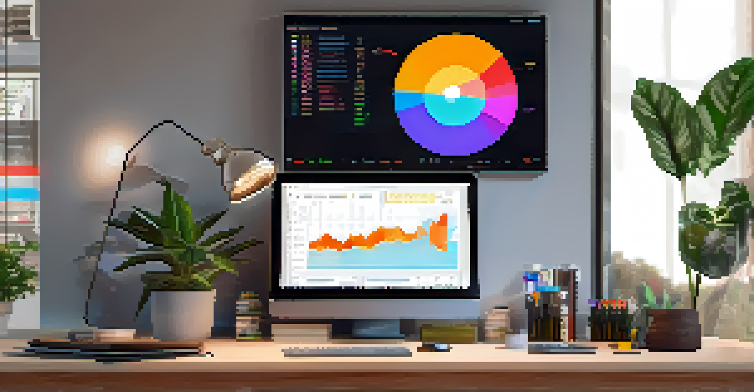 A desktop setup showcasing the Exodus wallet with colorful graphs on a computer screen, surrounded by plants and a coffee mug.