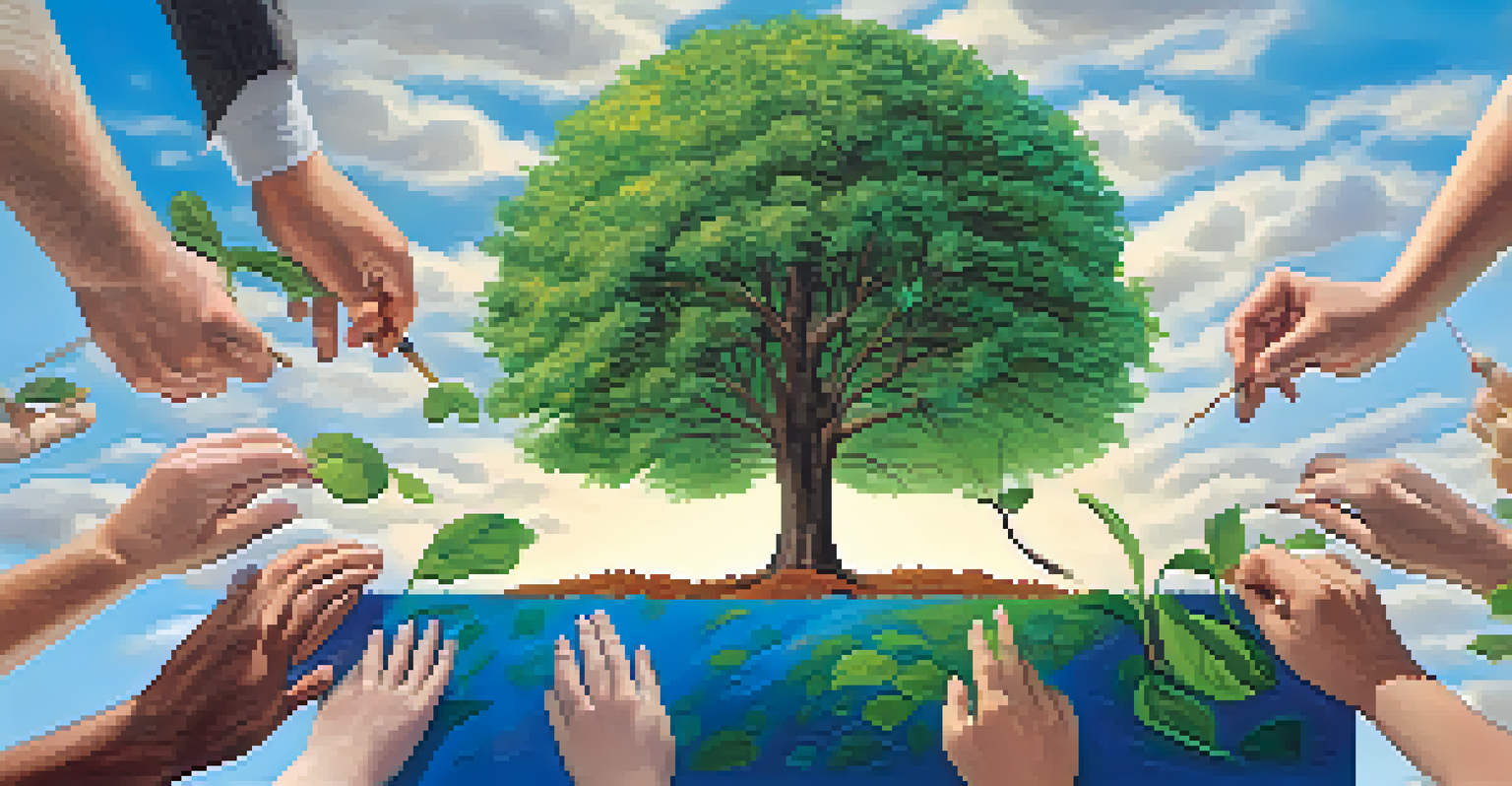 Hands of various individuals planting a tree against a bright sky, symbolizing the impact of microdonations on environmental conservation.