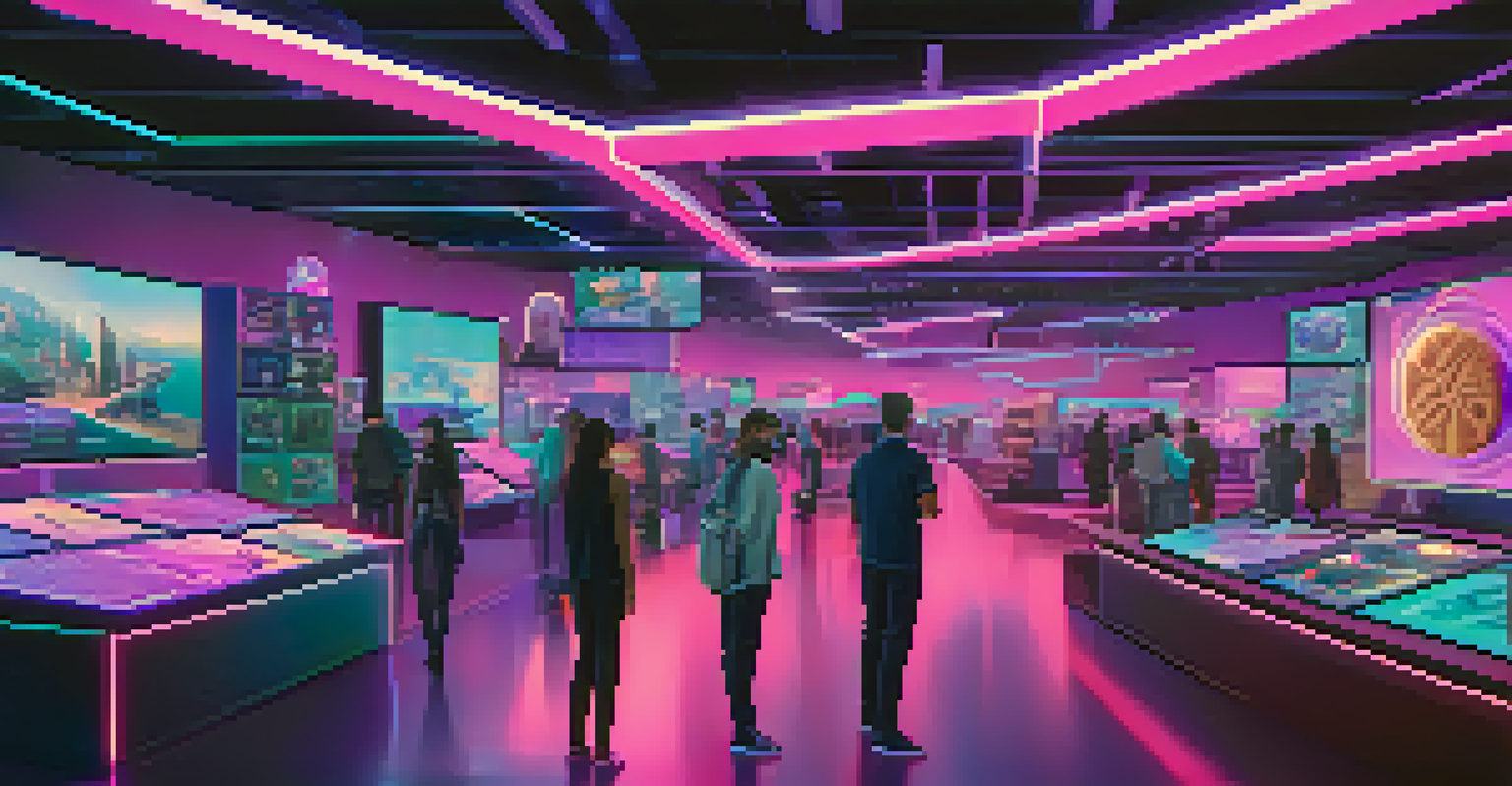 A futuristic digital marketplace showcasing NFTs and tokens with users interacting with holographic displays.