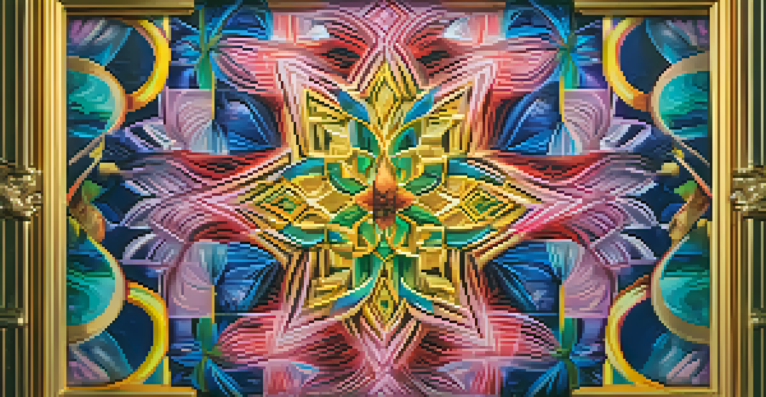 A close-up of a unique NFT displayed on a screen, featuring intricate patterns and vibrant colors in a blurred gallery background.
