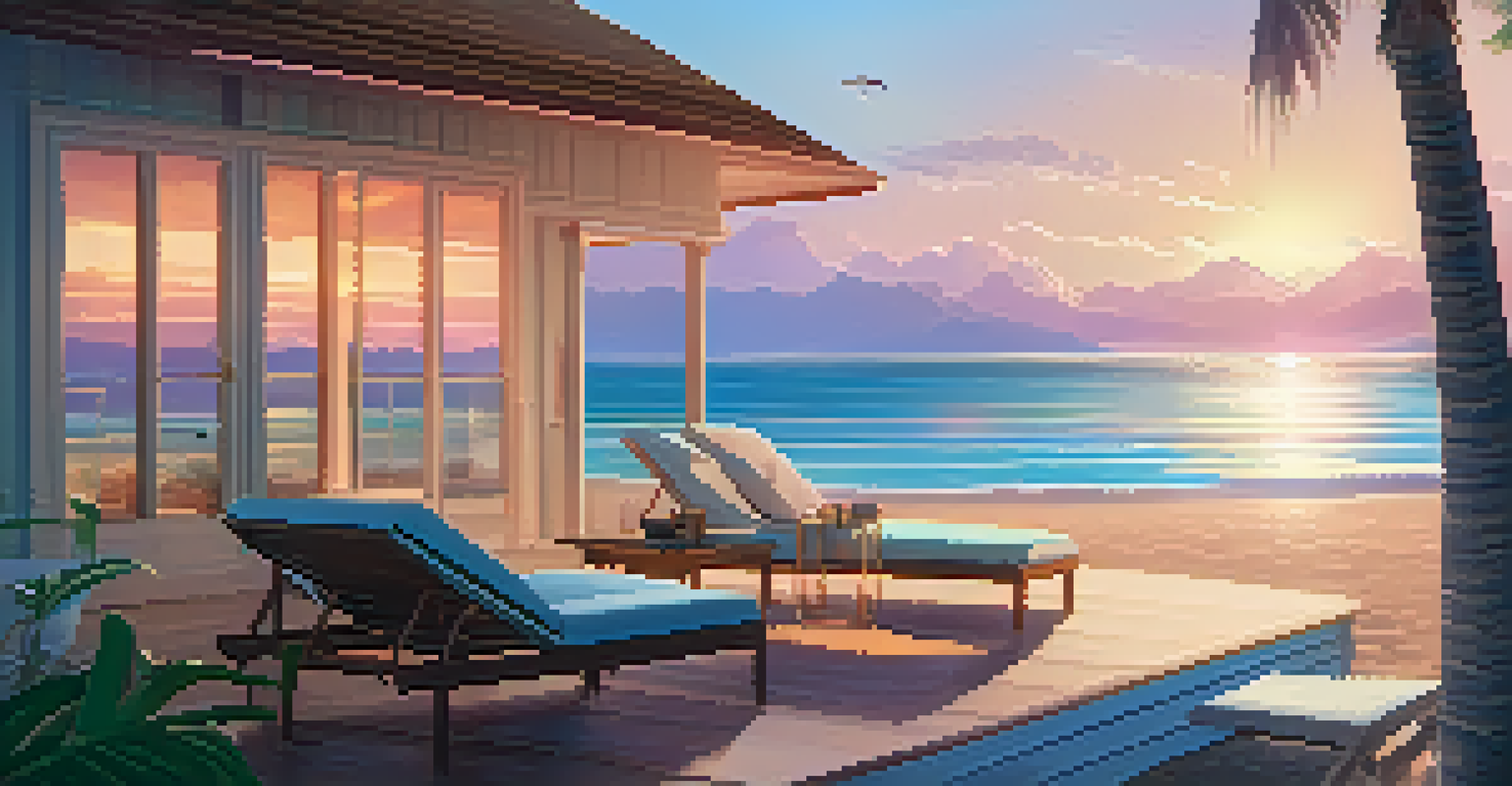 A peaceful virtual beach scene with a house, lounge chairs, and a beautiful sunset.