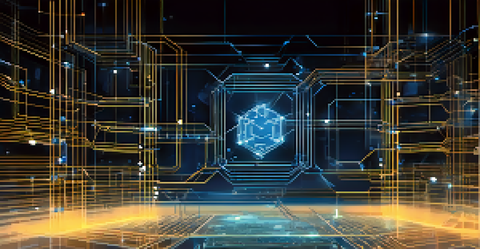 An abstract illustration of blockchain technology with interconnected nodes and security features.