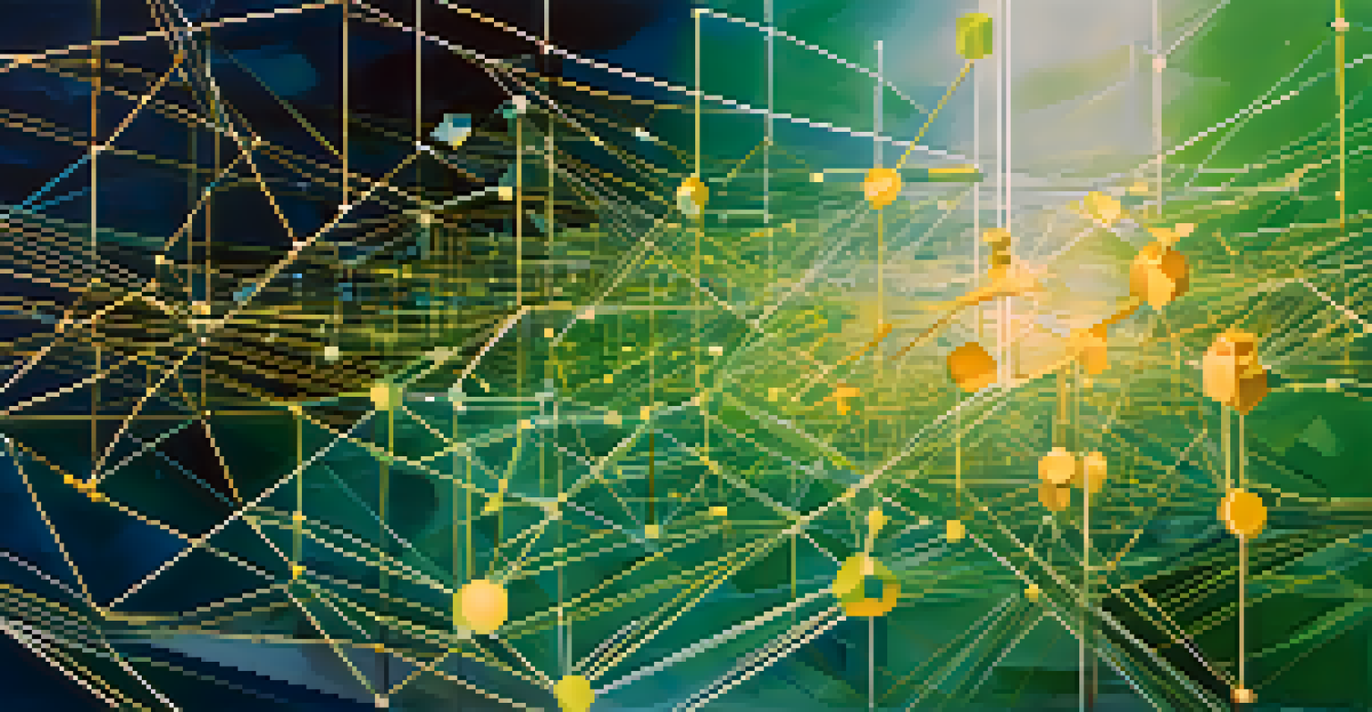 An abstract image depicting interconnected blockchain nodes and lines of code in a digital landscape.