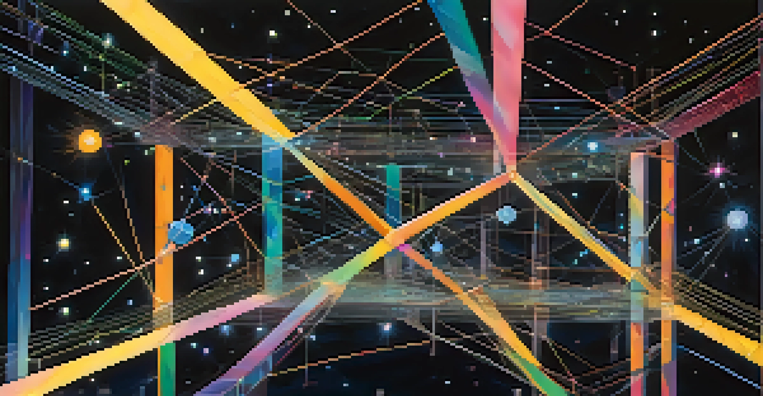 An abstract image of floating colored tokens connected by luminous bridges in a dark starry background, representing blockchain interoperability.