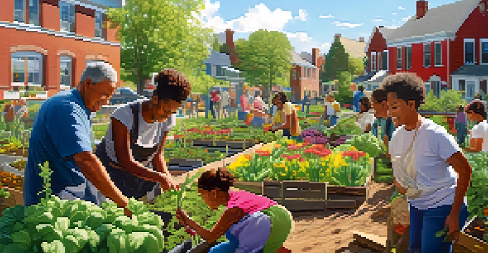 A diverse group of individuals planting flowers and vegetables in a sunny community garden, symbolizing collaboration and community spirit.