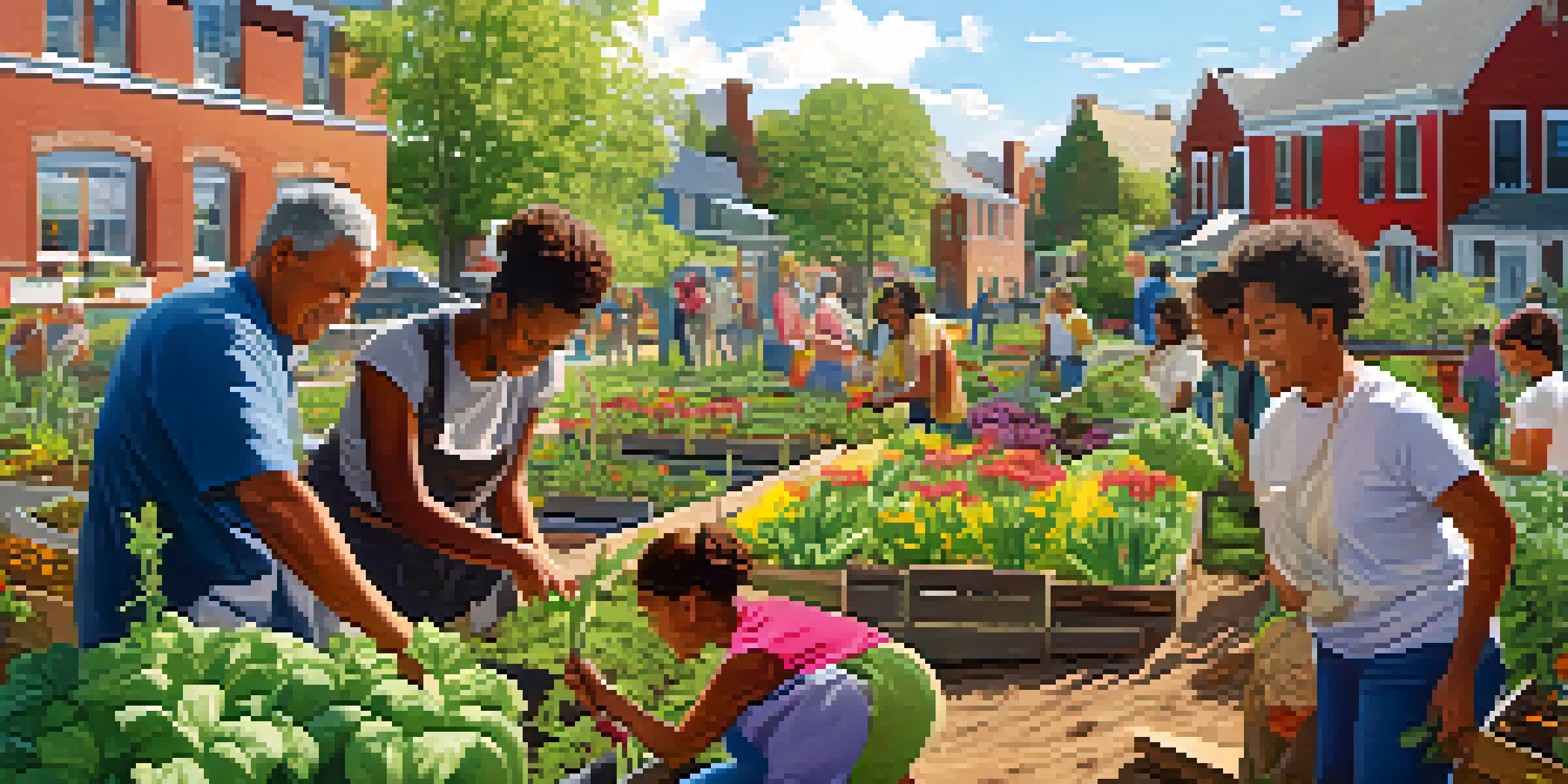 A diverse group of individuals planting flowers and vegetables in a sunny community garden, symbolizing collaboration and community spirit.