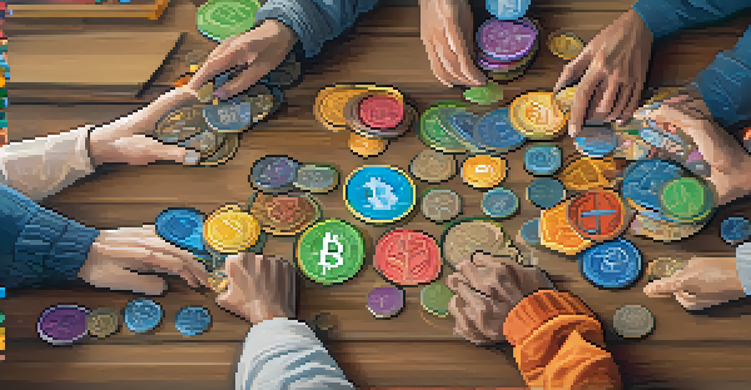 Hands of diverse individuals holding colorful digital tokens, representing tokenomics in a Decentralized Autonomous Organization.