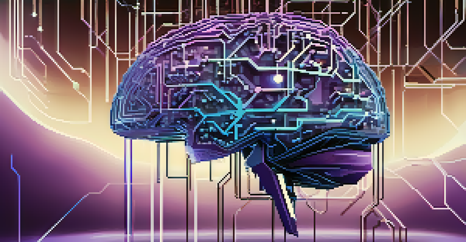 An abstract brain made of circuits and data streams overlaid with the Ethereum logo, set against a blue and purple background.
