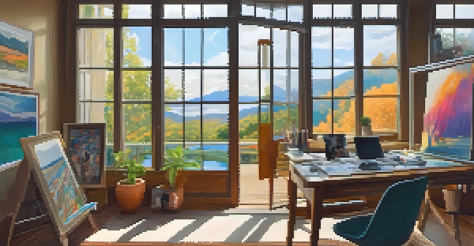 A digital artist in a bright studio creating art, surrounded by colorful paintings and a computer.