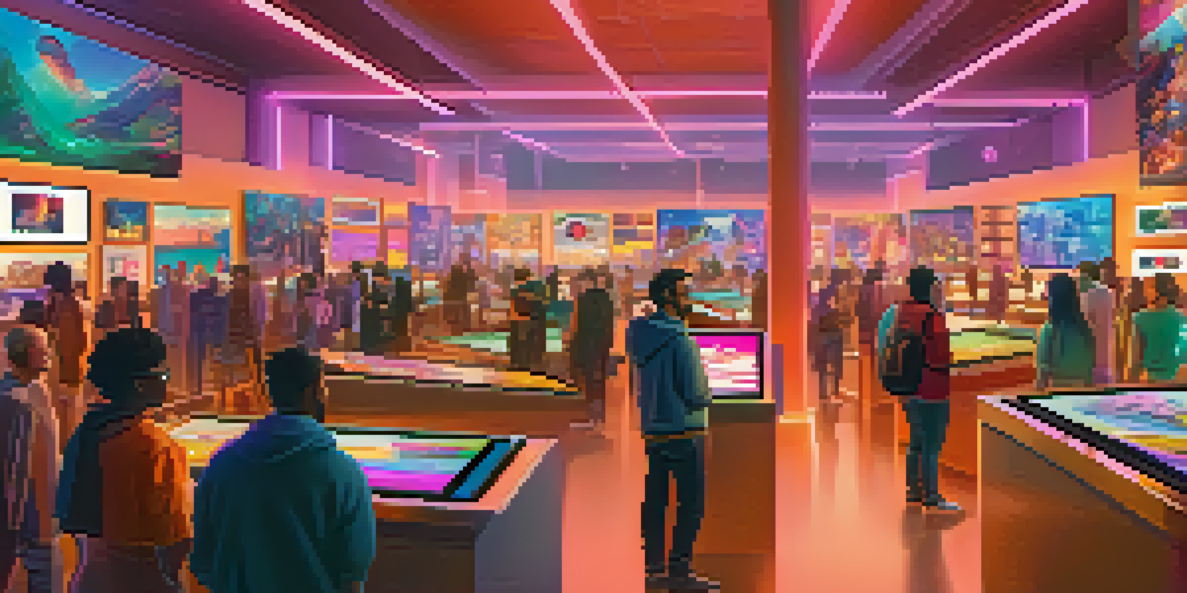 A lively digital art marketplace with artists and collectors interacting, surrounded by colorful NFT displays.
