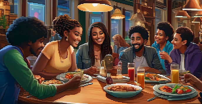 A diverse group of friends sitting at a table in a restaurant, discussing with smartphones in hand.