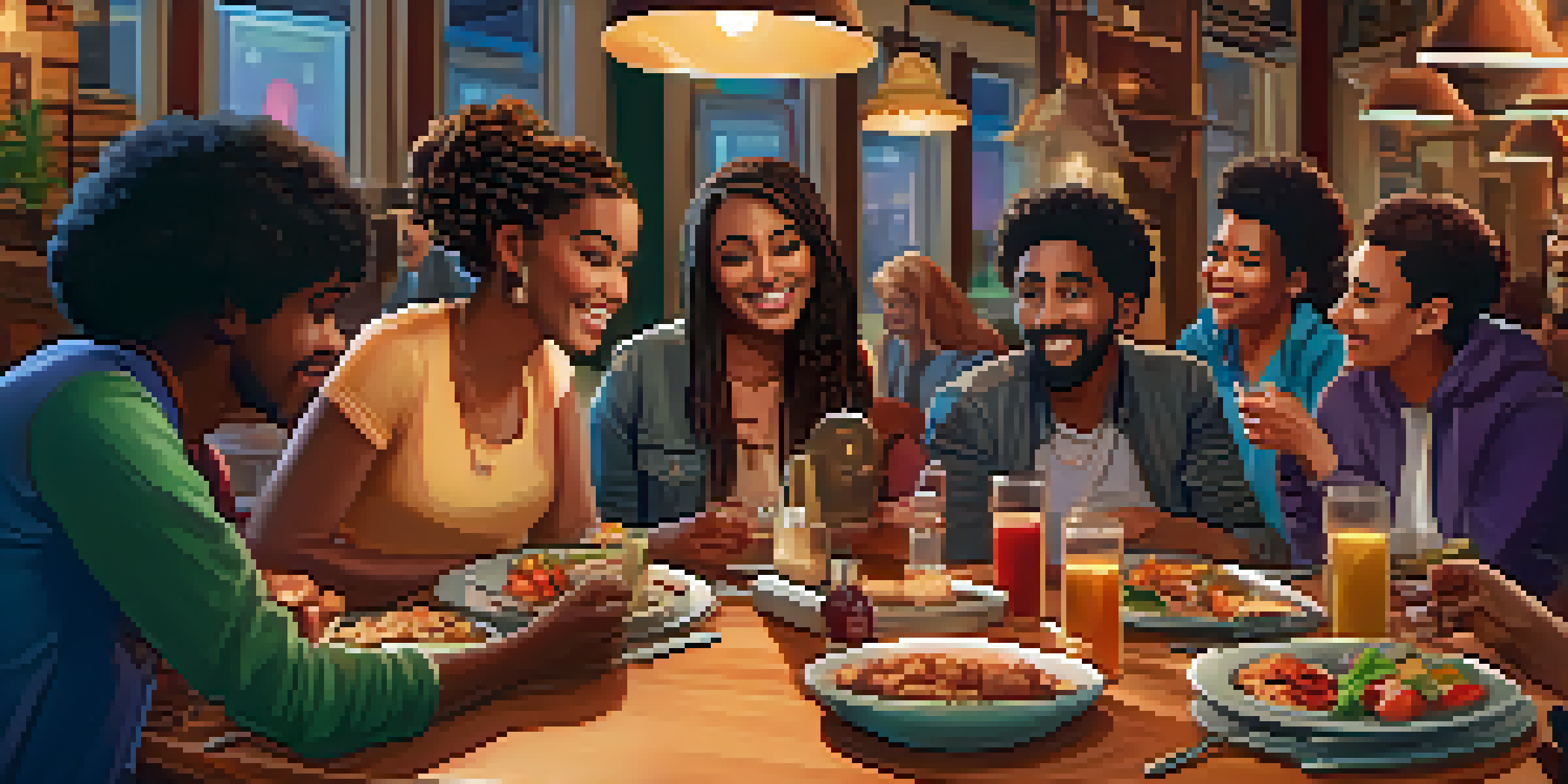 A diverse group of friends sitting at a table in a restaurant, discussing with smartphones in hand.