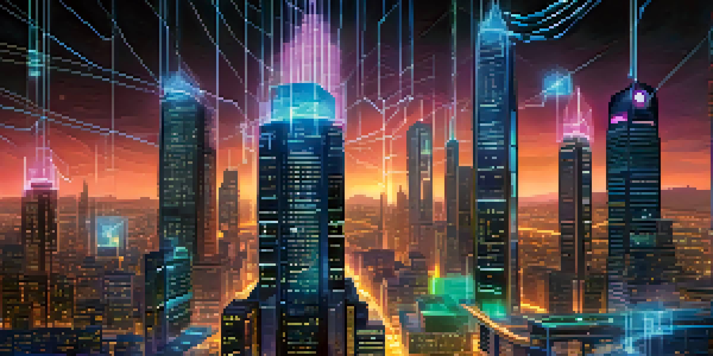A futuristic city with interconnected skyscrapers representing different blockchain networks, glowing neon lights, and a starry twilight sky.