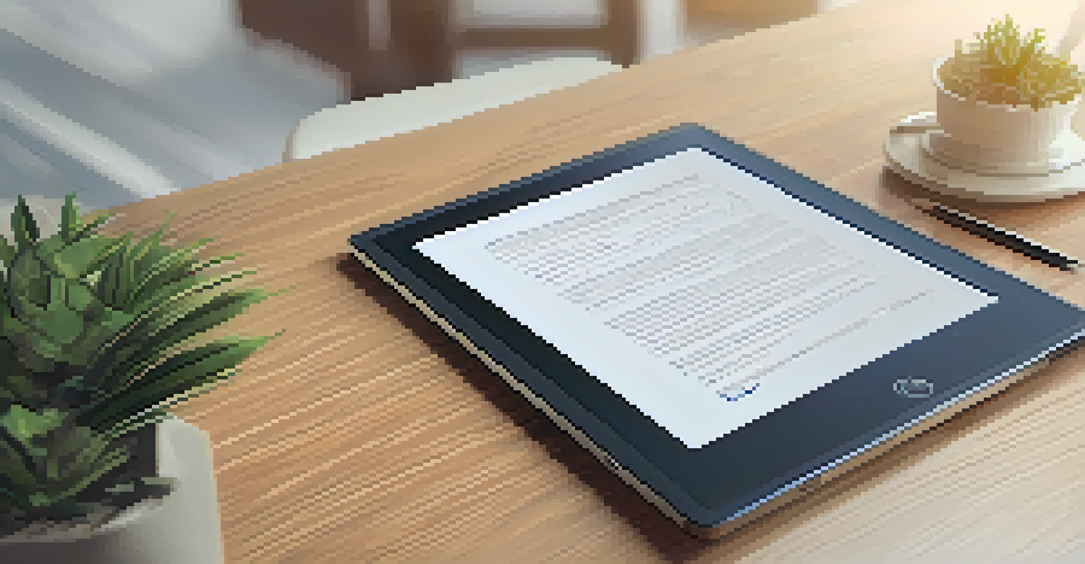 A digital contract on a tablet with encrypted text in a cozy office setting.