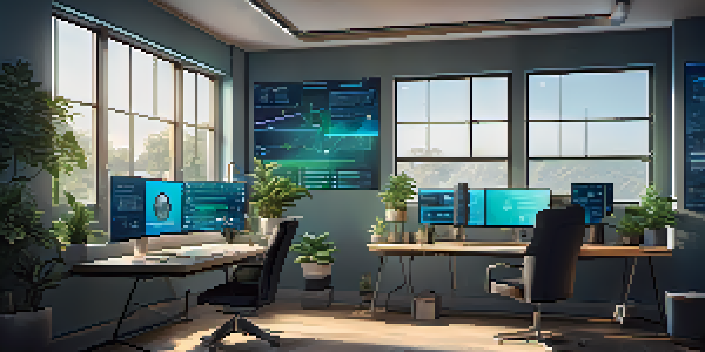 A developer's workspace with dual monitors showing Ethereum code, well-lit with plants on the desk.