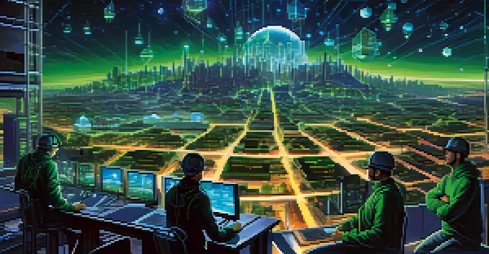 A futuristic city skyline at night with glowing lights, depicting miners working on computers and mining rigs to represent the Ethereum mining process.