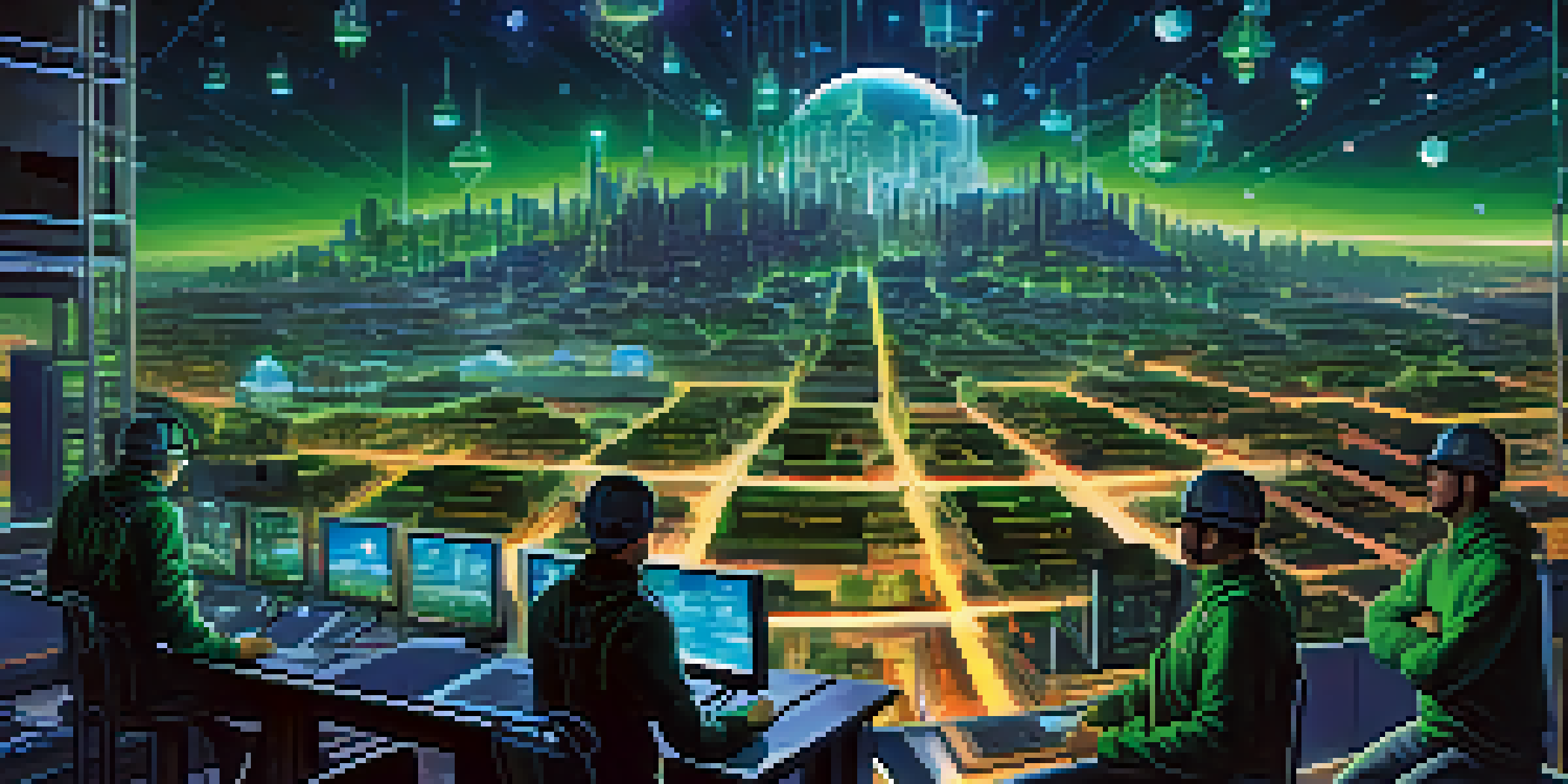 A futuristic city skyline at night with glowing lights, depicting miners working on computers and mining rigs to represent the Ethereum mining process.