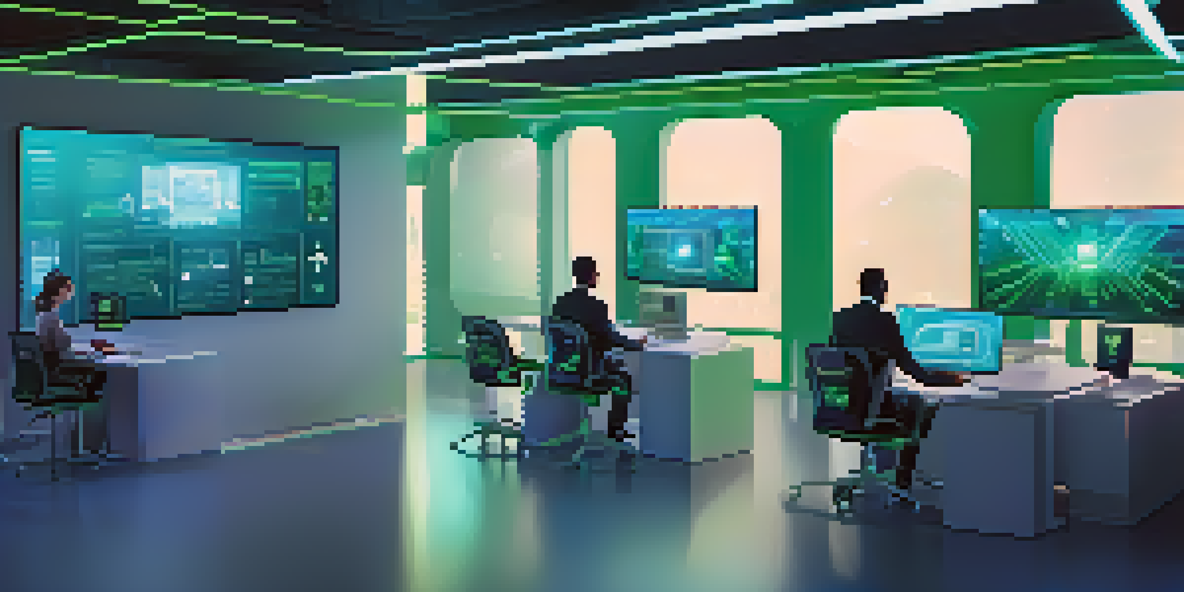 A diverse group of professionals working together in a modern office, with digital tablets and holographic screens displaying smart contract information.