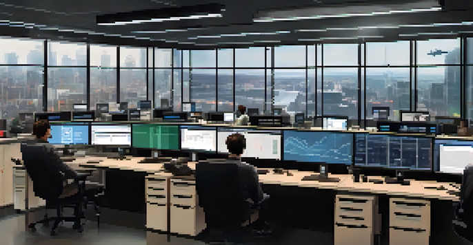 A modern logistics control room with professionals tracking shipments on multiple screens.