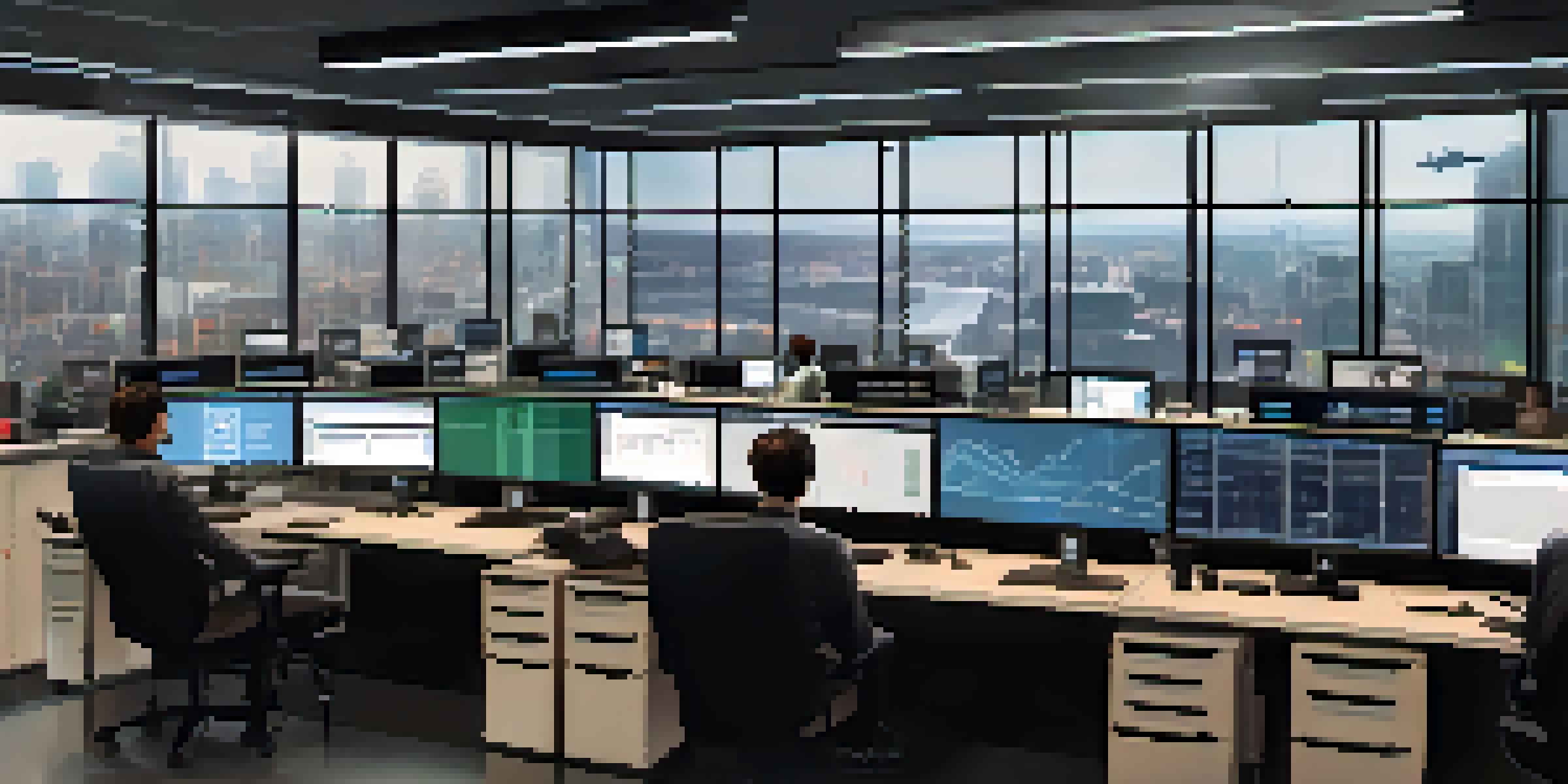 A modern logistics control room with professionals tracking shipments on multiple screens.