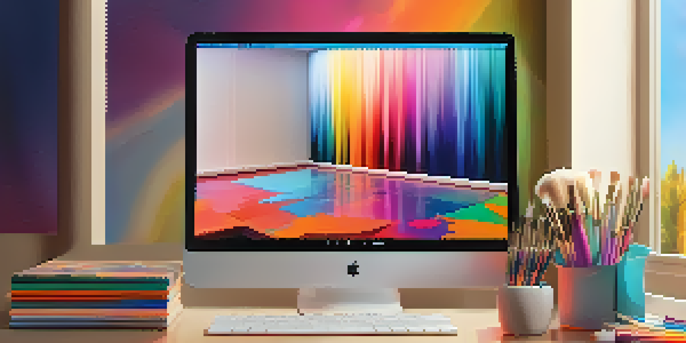 A close-up of a digital artwork on a tablet in an artist's studio, showcasing colorful abstract shapes and a warm atmosphere.