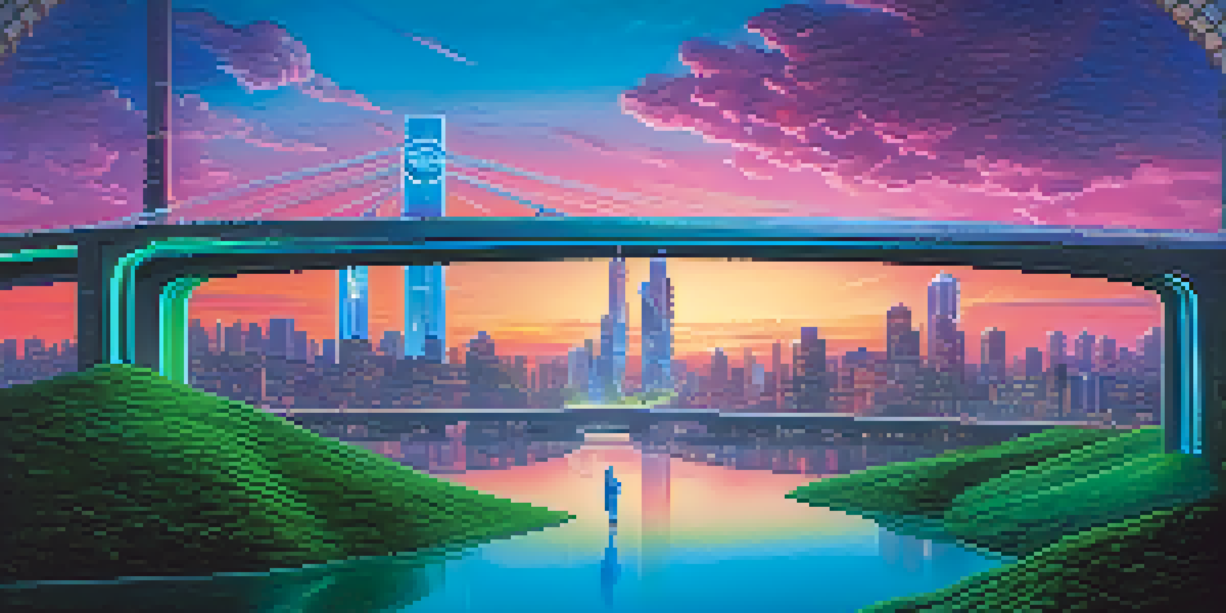 A futuristic cityscape with neon lights on one side and a lush green landscape on the other, illustrating the concept of an oracle bridging digital and physical worlds.