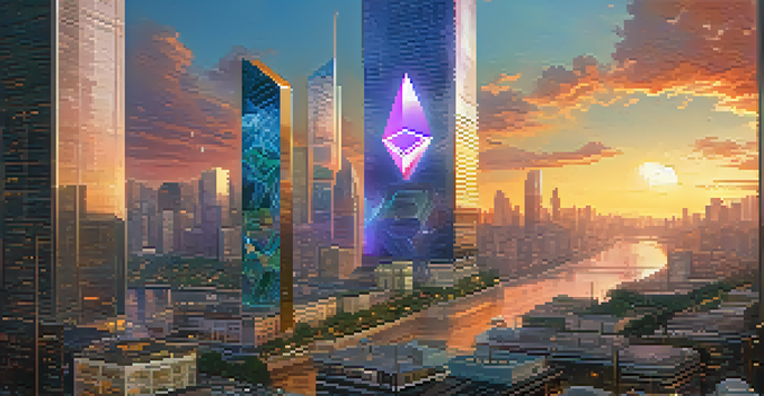 A futuristic city skyline with skyscrapers and digital cryptocurrency displays, depicting a blend of Ethereum and CBDCs.