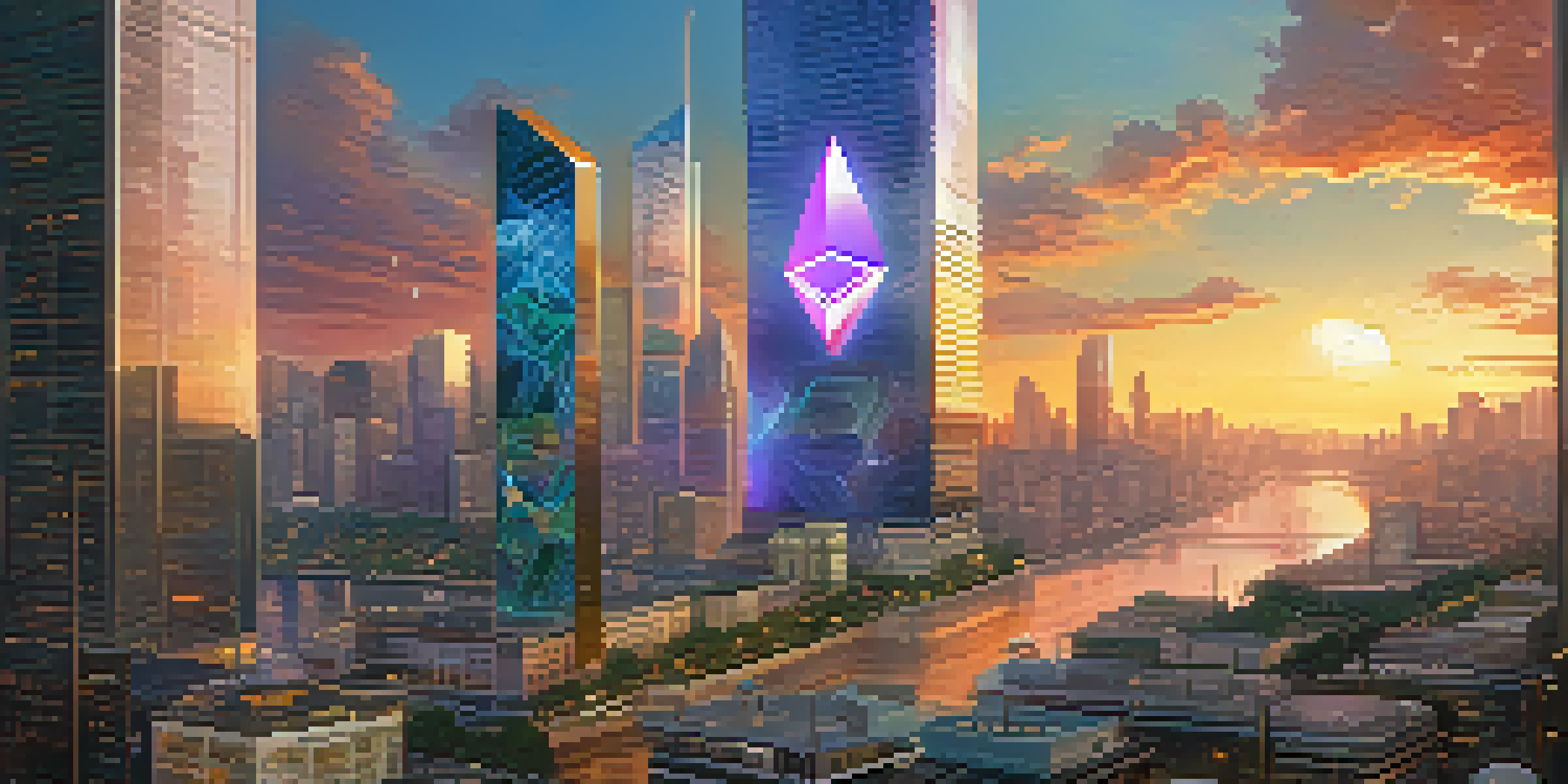 A futuristic city skyline with skyscrapers and digital cryptocurrency displays, depicting a blend of Ethereum and CBDCs.