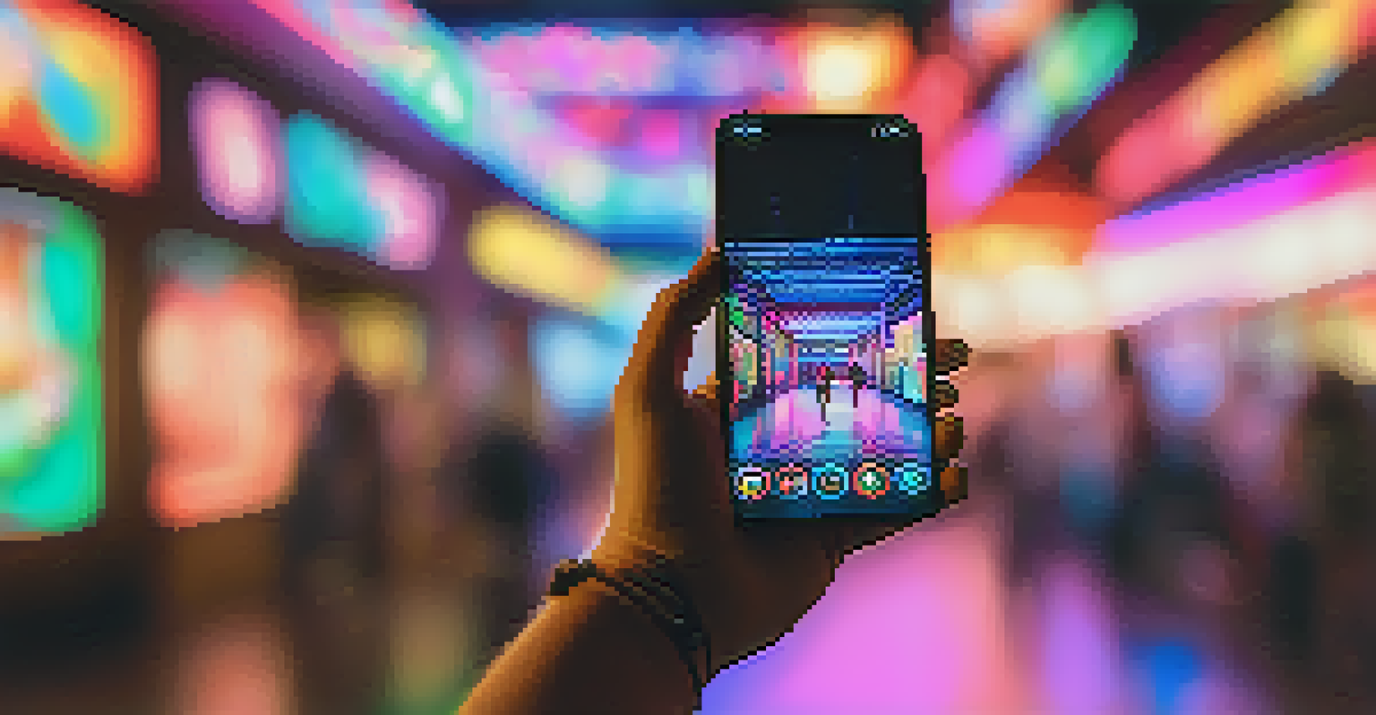 A close-up of a person holding a smartphone showing a vibrant NFT artwork, with an art show ambiance in the background.