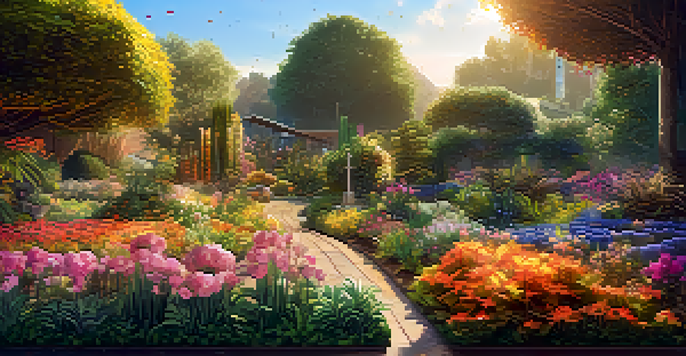 A vibrant garden filled with colorful flowers and plants, illuminated by golden sunlight, with cryptocurrency symbols subtly integrated into the scene.