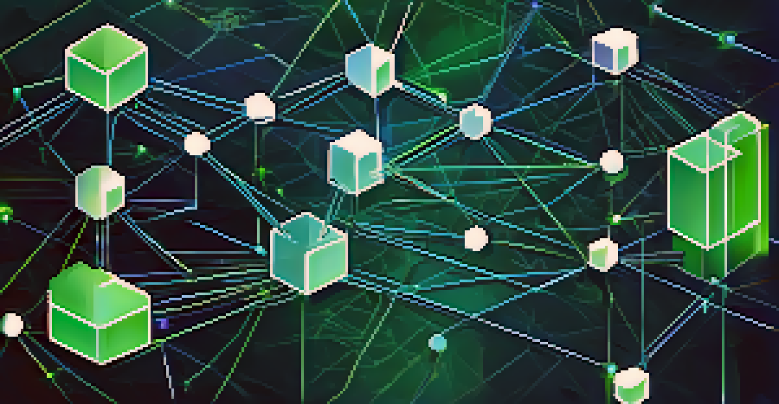 An abstract image depicting interconnected nodes and glowing lines, representing decentralized reputation systems with a background of blue and green gradients.