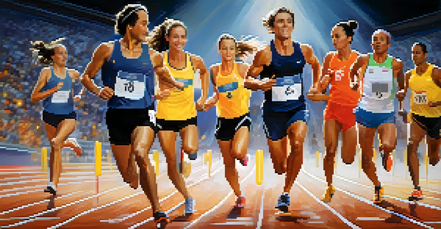 Runners in a relay race passing a baton smoothly under bright stadium lights, emphasizing teamwork and collaboration.