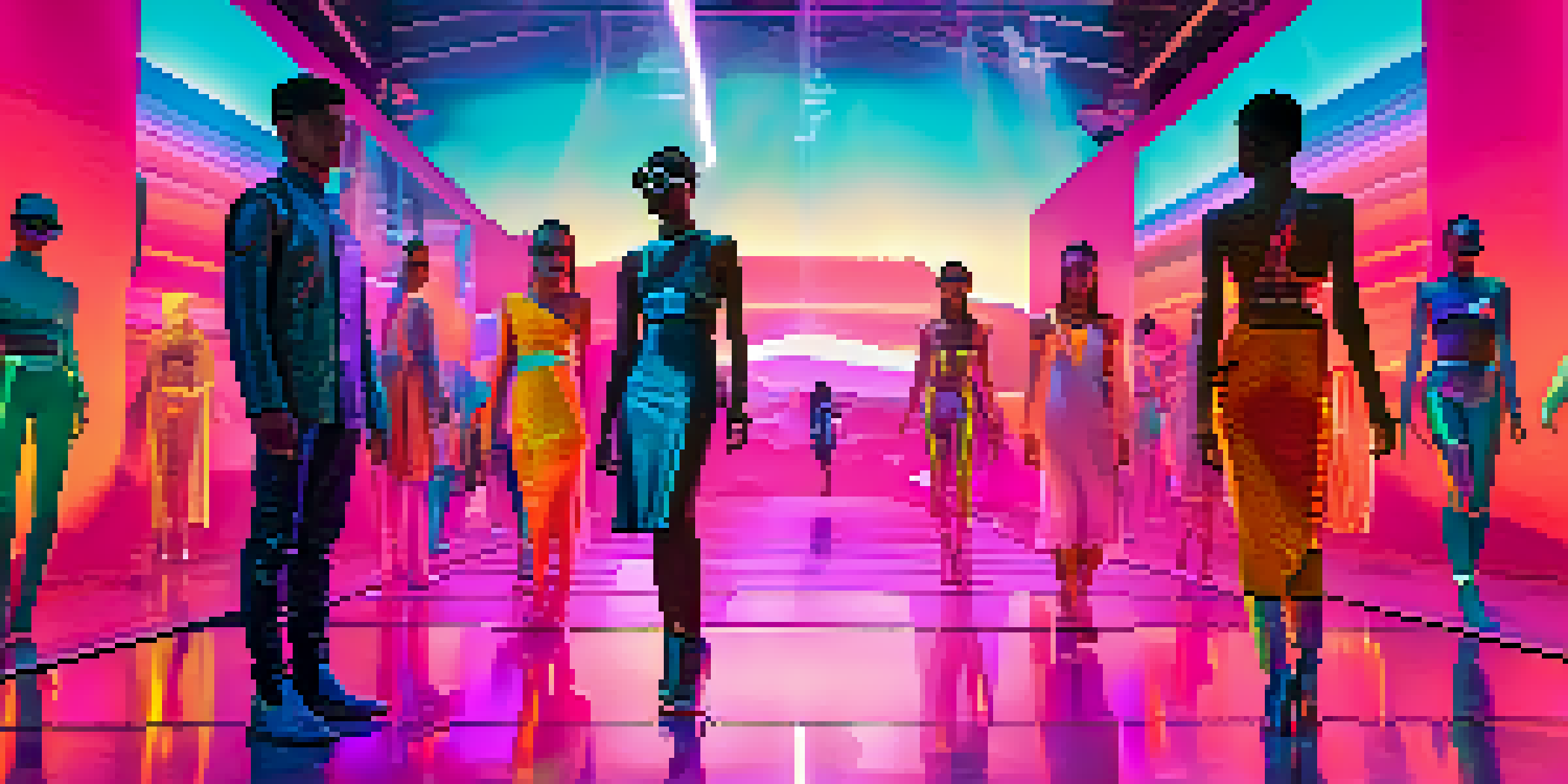 A digital fashion show with models on a holographic runway, surrounded by diverse avatars in unique outfits, featuring bright neon colors and dynamic lighting.