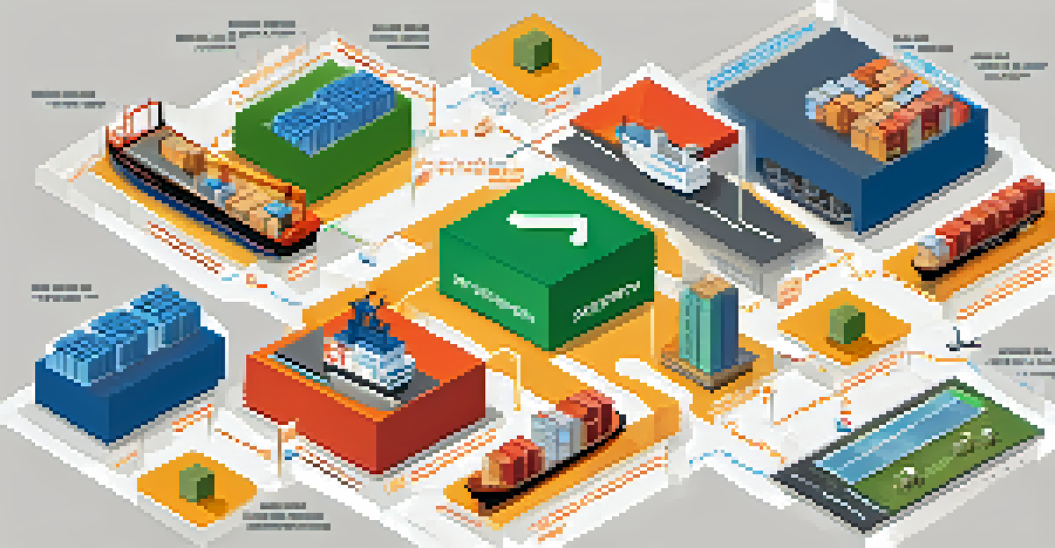 An infographic showing real-time product tracking in a supply chain with a stylized map and data flow lines.