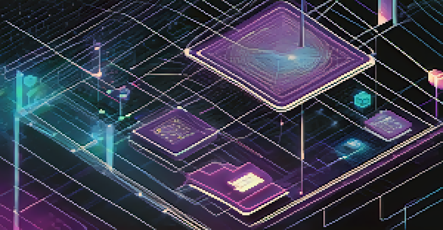 A digital representation of a smart contract surrounded by flowing data streams and a blockchain network in the background.
