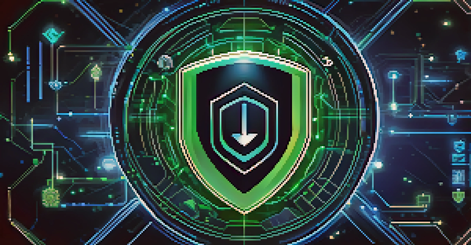 An illustration of a shield symbolizing security, surrounded by digital icons representing smart contracts and blockchain.
