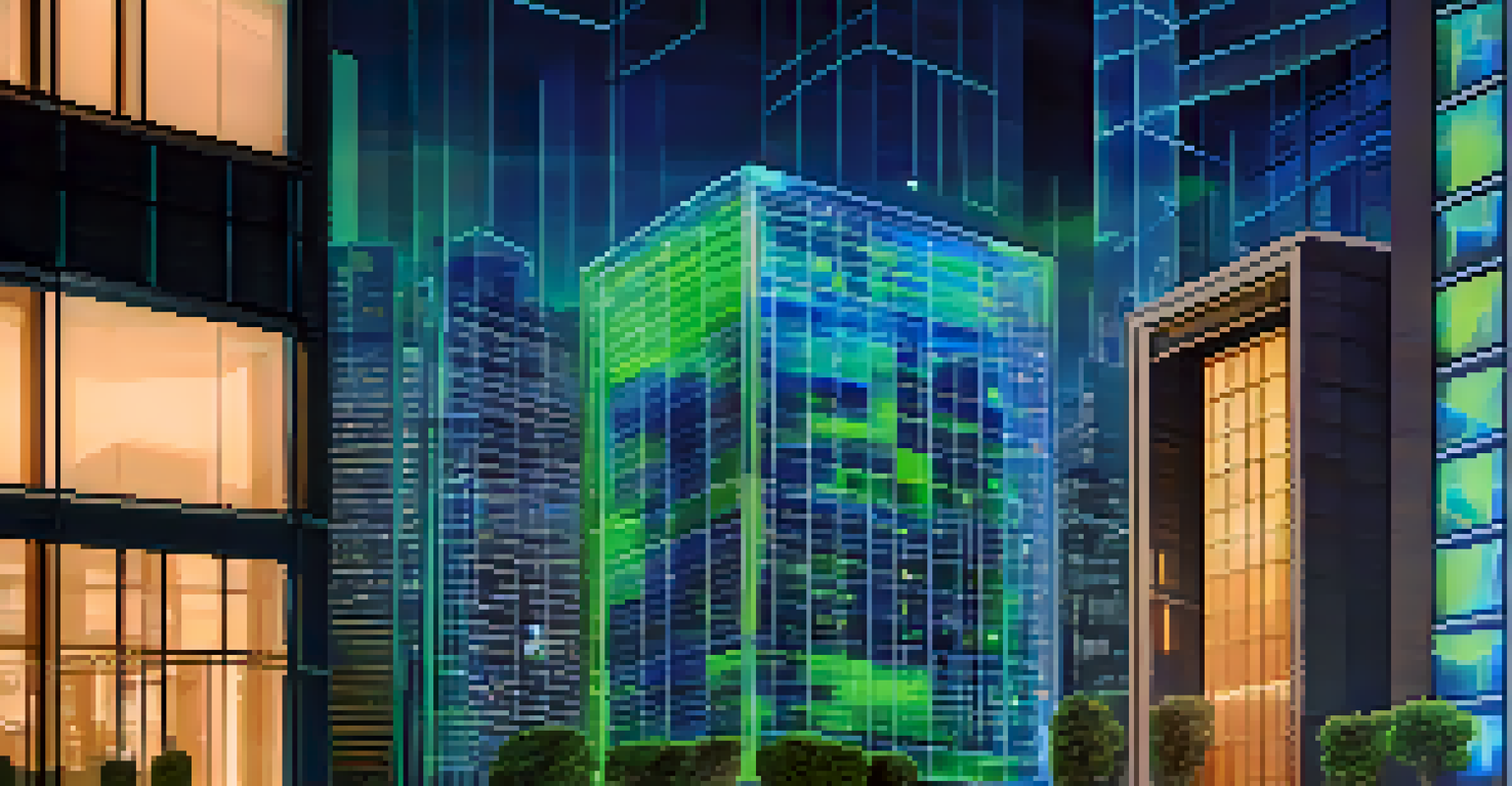 Close-up of a digital token symbolizing real estate on a blockchain, with a modern office interior and a computer screen displaying blockchain data in the background.