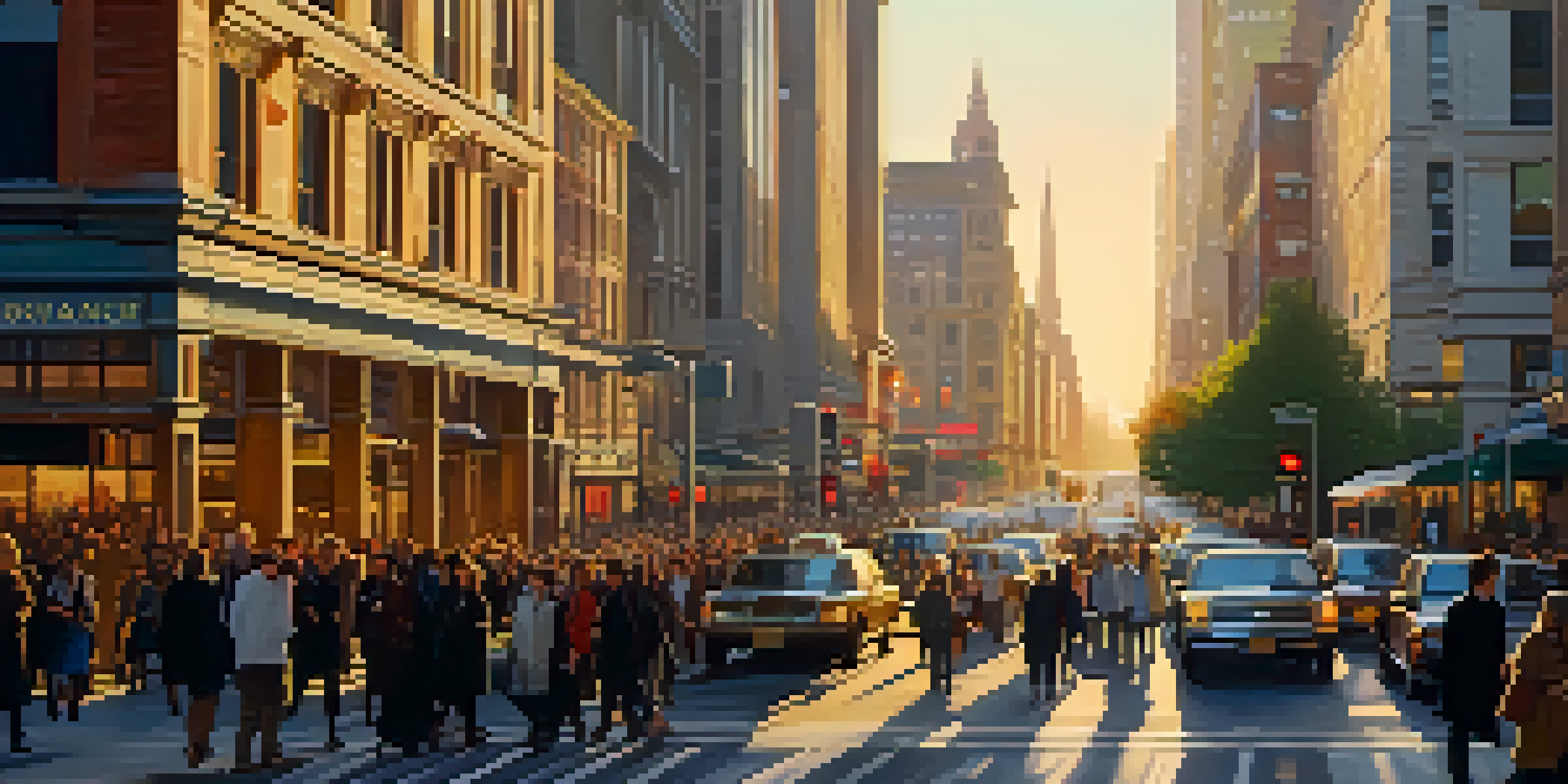A busy city street filled with cars and pedestrians, bathed in warm sunset light, with a mix of modern and historic buildings.
