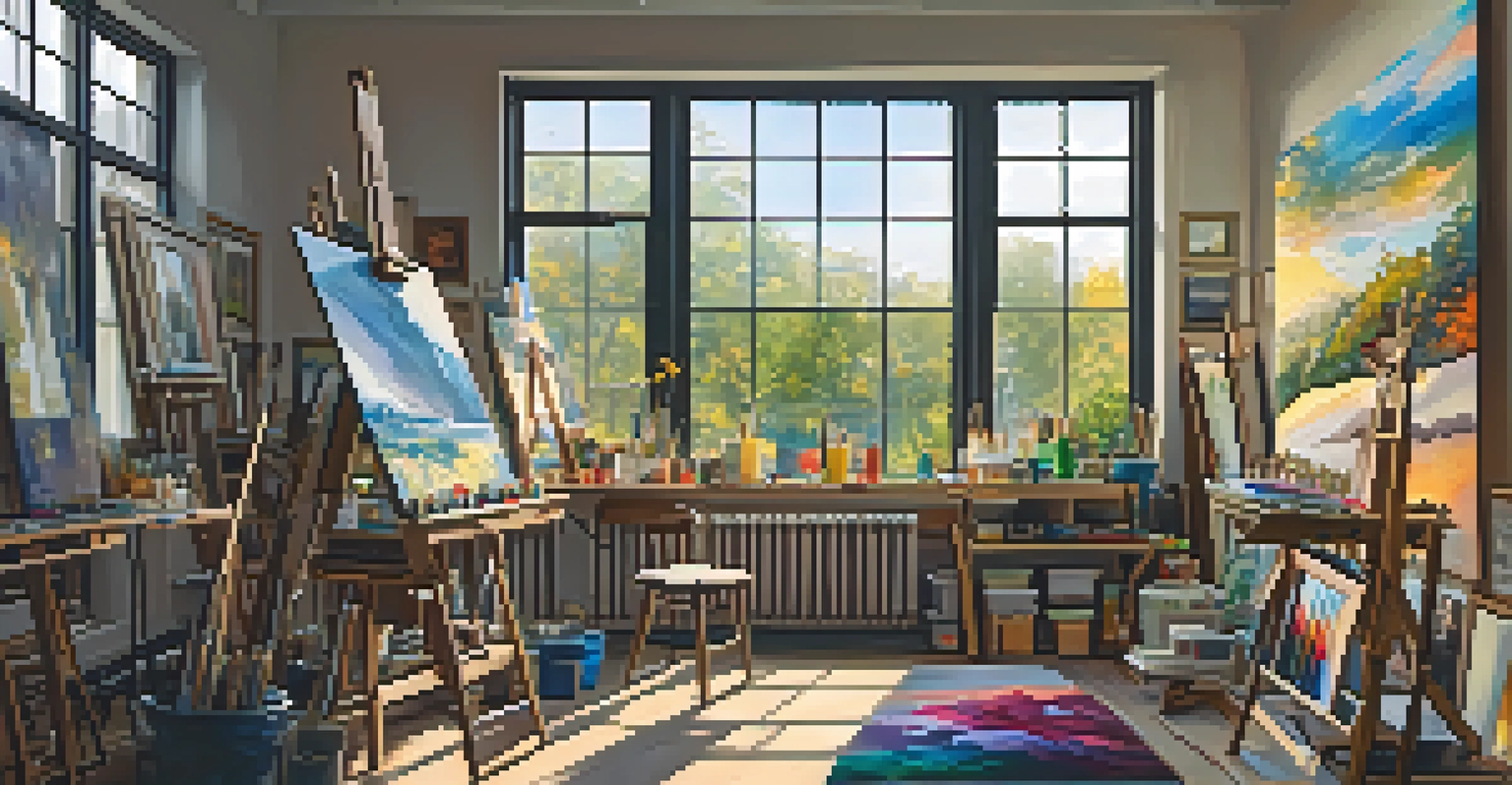 An artist's studio filled with colorful artworks, art supplies, and sunlight streaming through large windows, with a landscape painting on an easel.