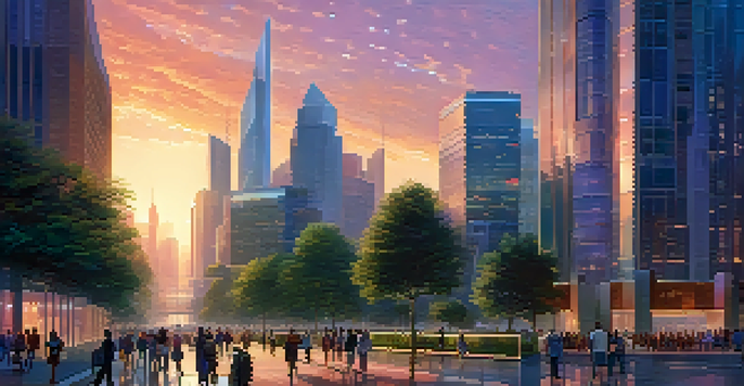 A vibrant cityscape during twilight, featuring modern buildings and people interacting with technology.