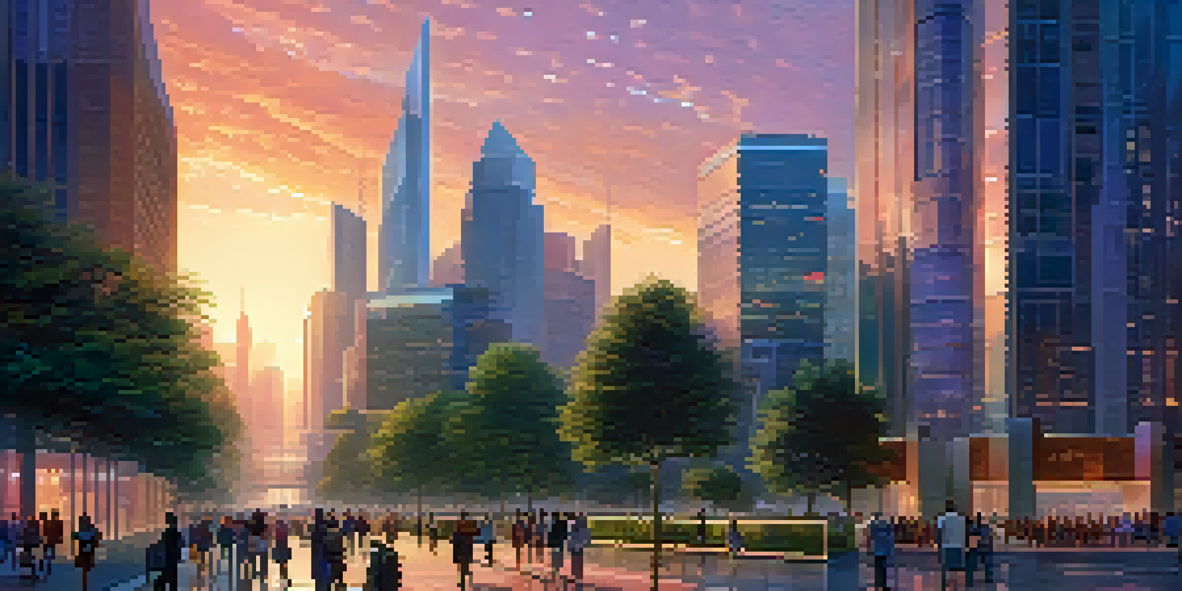 A vibrant cityscape during twilight, featuring modern buildings and people interacting with technology.