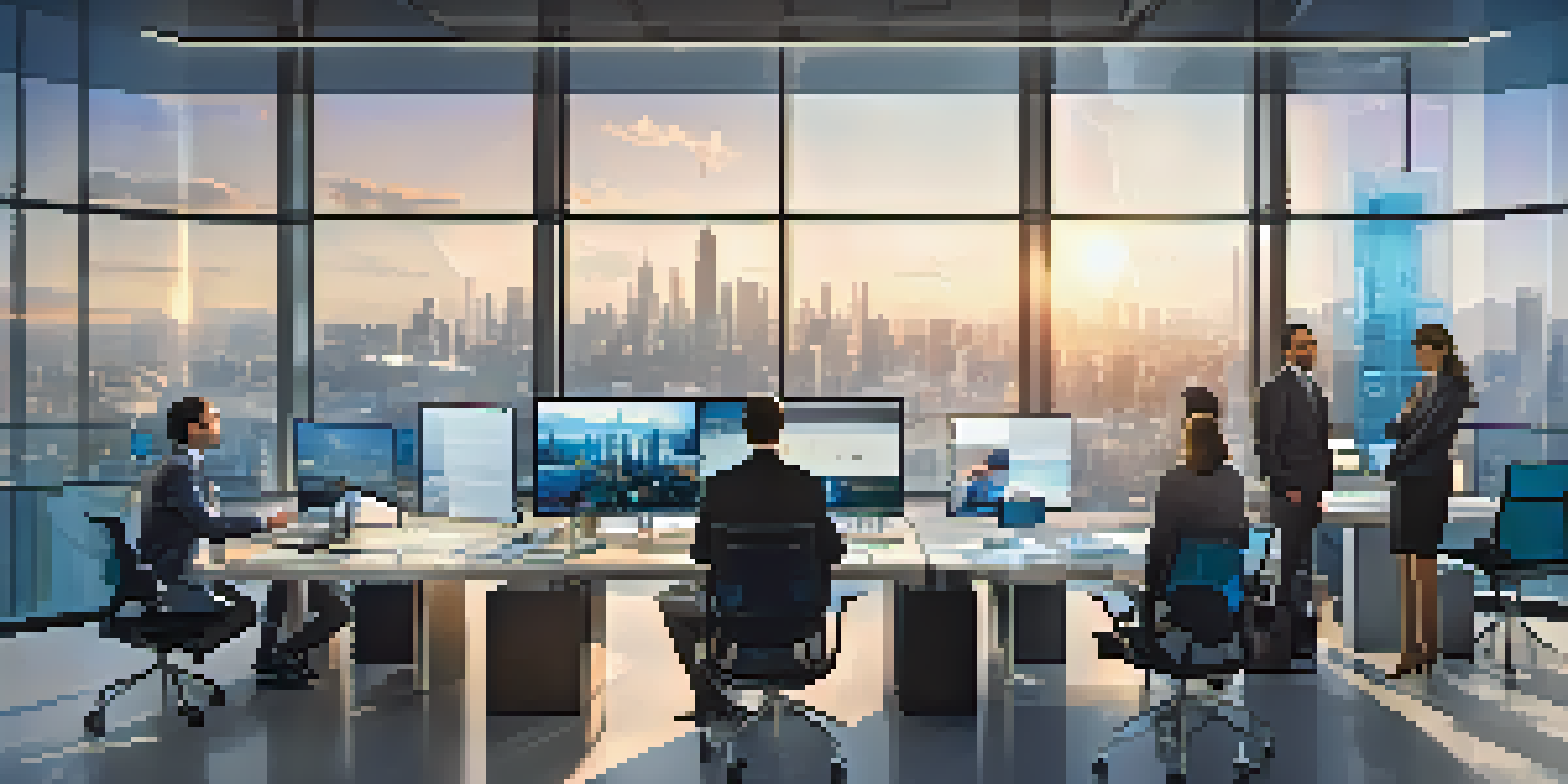 A modern office with professionals discussing self-executing contracts displayed on a digital screen, with a city skyline visible through a large window.