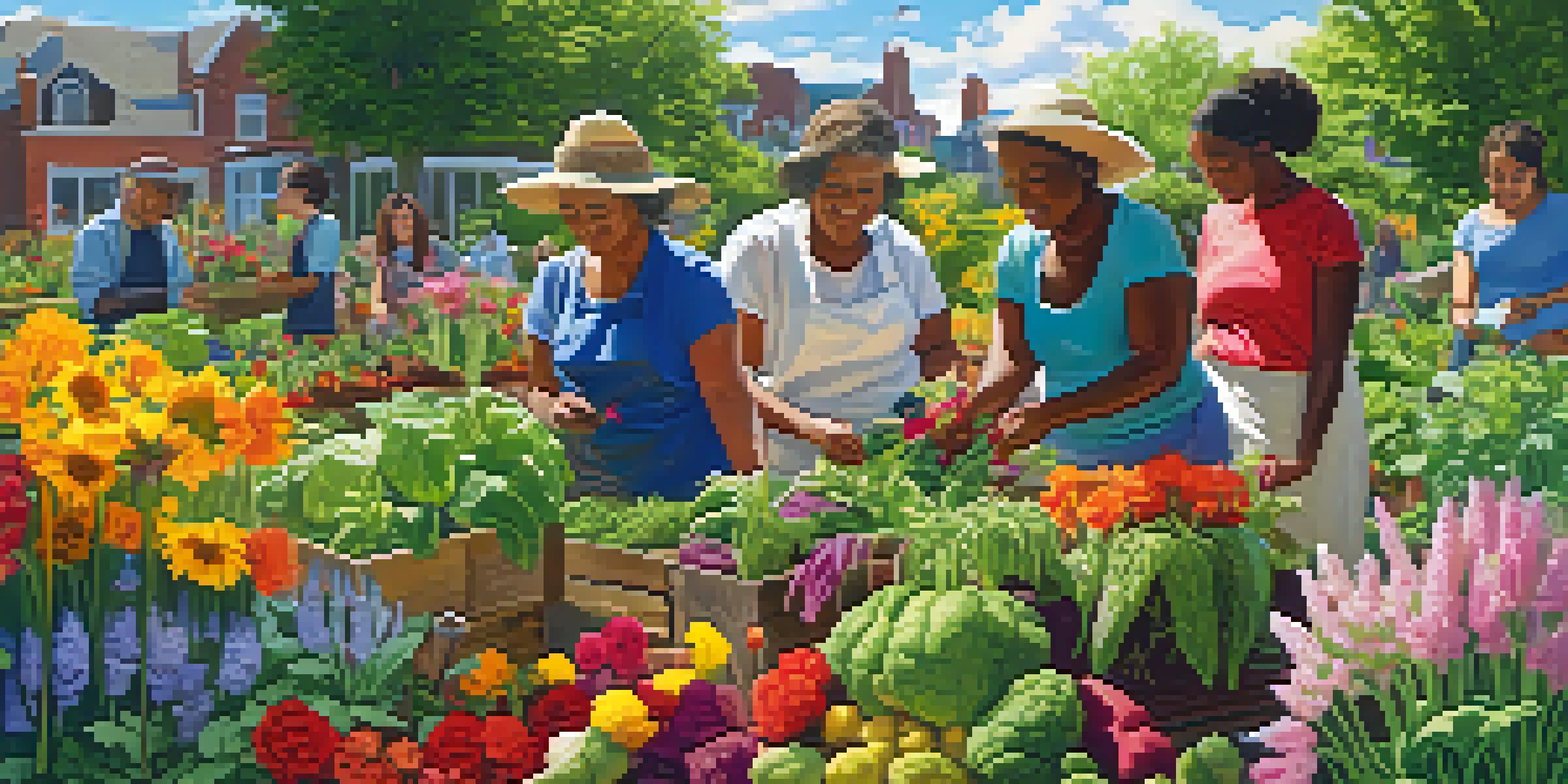 A community garden with diverse people planting flowers and vegetables under a bright sun, emphasizing collaboration and teamwork.
