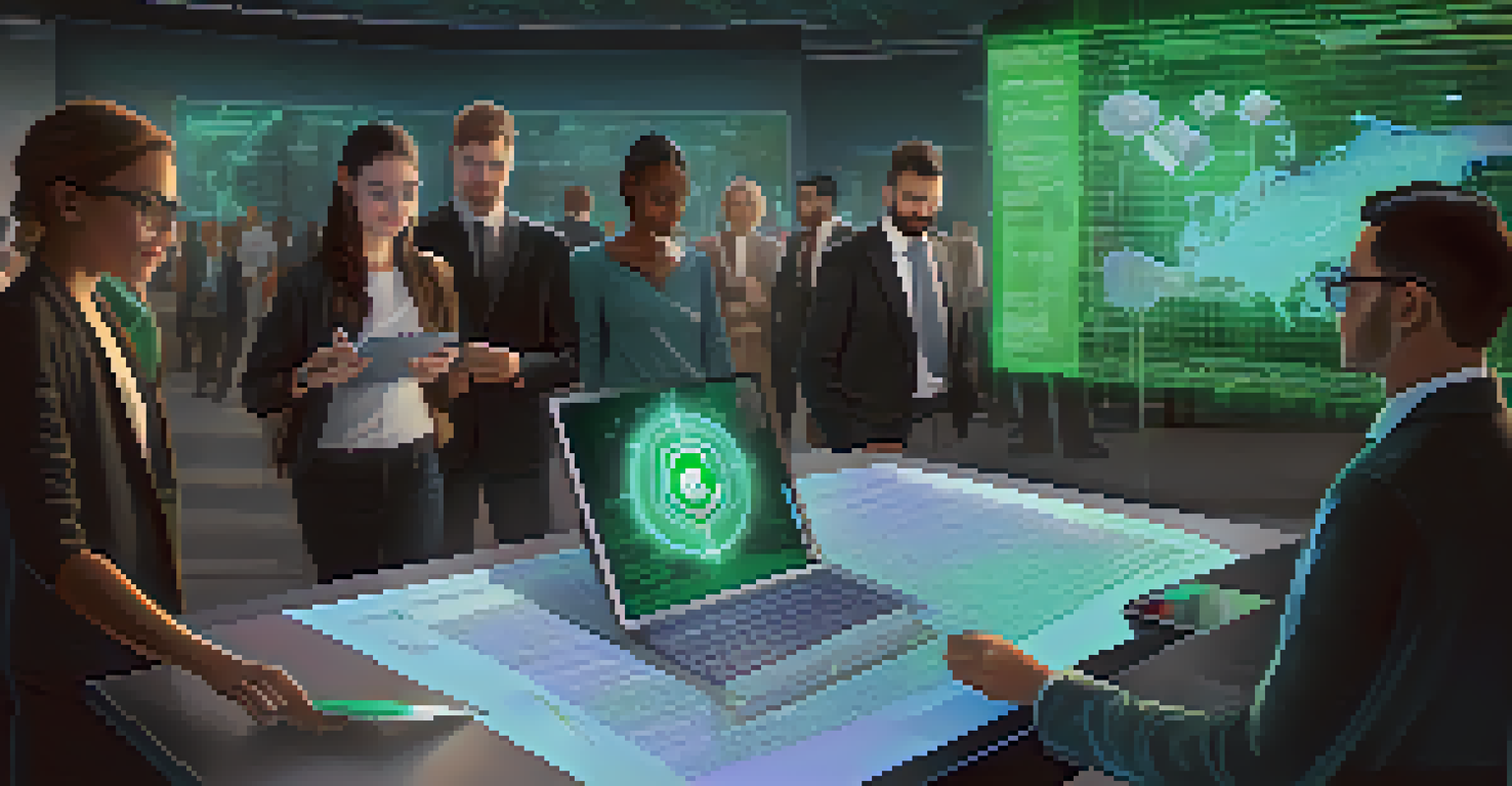 A holographic smart contract emerging from a tablet, with people engaging in secure financial transactions.