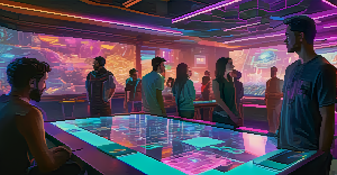 A diverse group of players in a futuristic virtual space, discussing game updates around a holographic table with neon lighting.