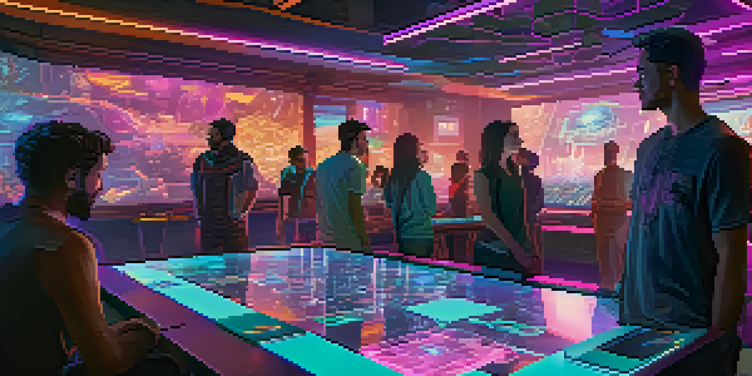 A diverse group of players in a futuristic virtual space, discussing game updates around a holographic table with neon lighting.