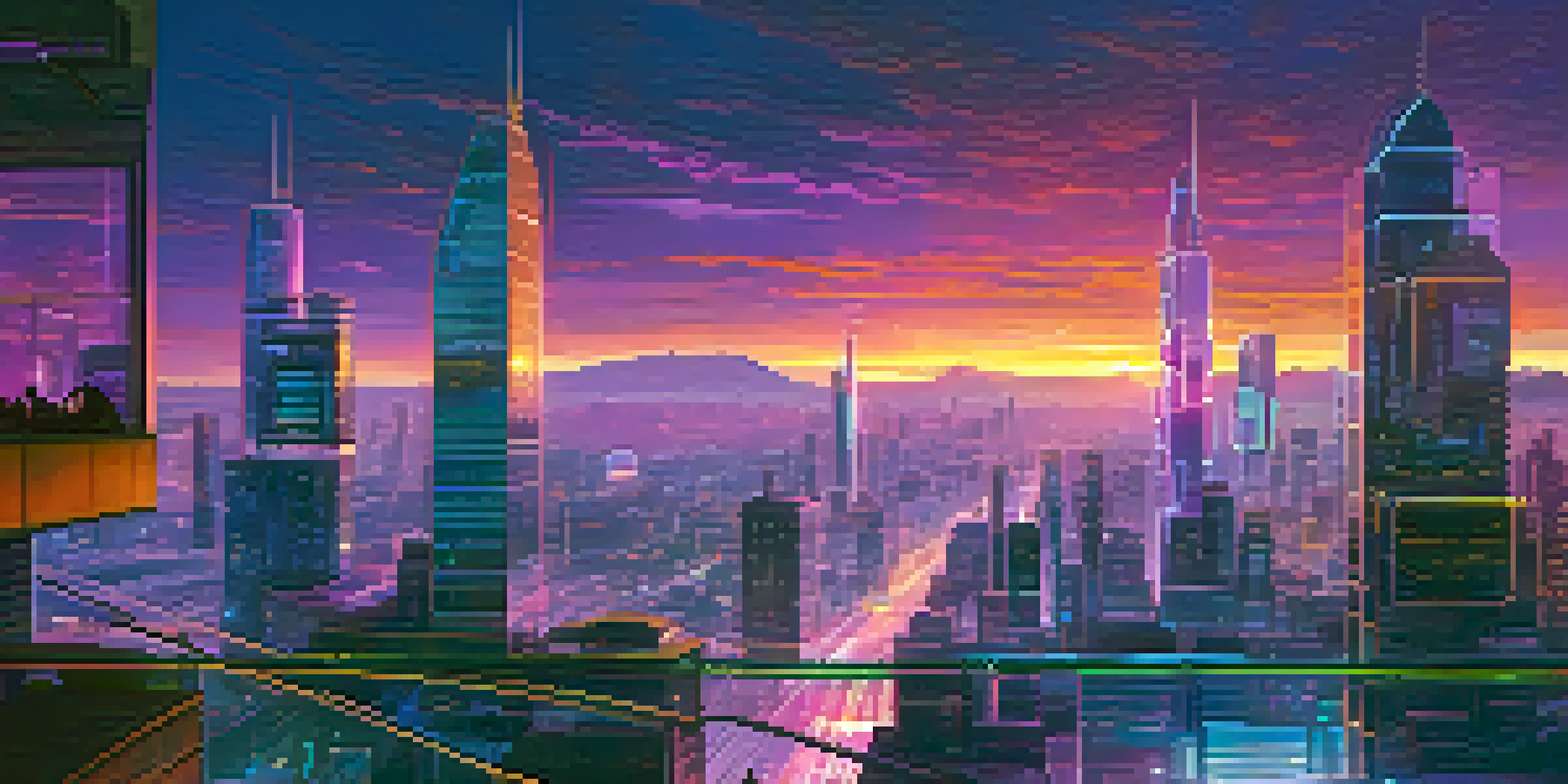 A vibrant city skyline at dusk with neon lights and people interacting with digital technology.