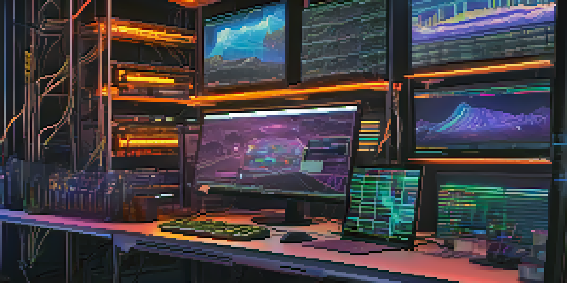 A close-up view of a computer setup with multiple GPUs for Ethereum mining, showcasing colorful LED lights and monitors displaying mining statistics.